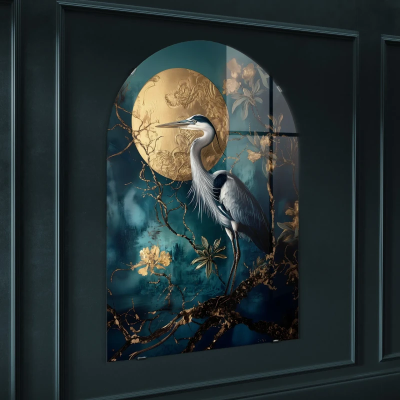 Arched heron wall art with teal background and gold details