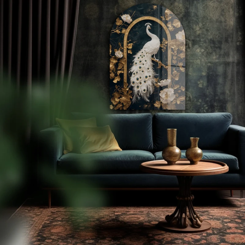 Luxury arched wall art with peacock and gold botanical details