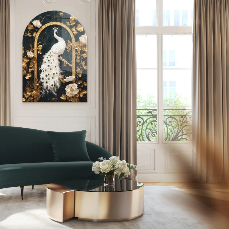 Arched peacock wall art with gold flowers and dark background