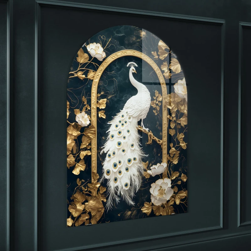 Arched peacock wall art with gold flowers and dark background