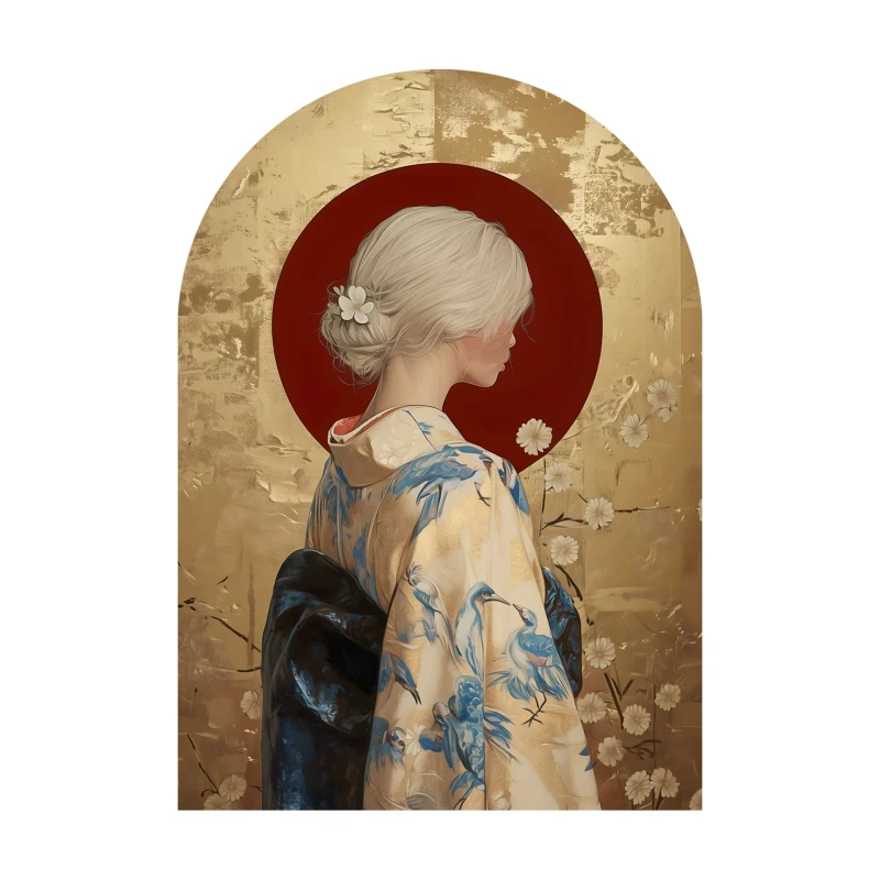 Arched glass wall art with female figure and red sun