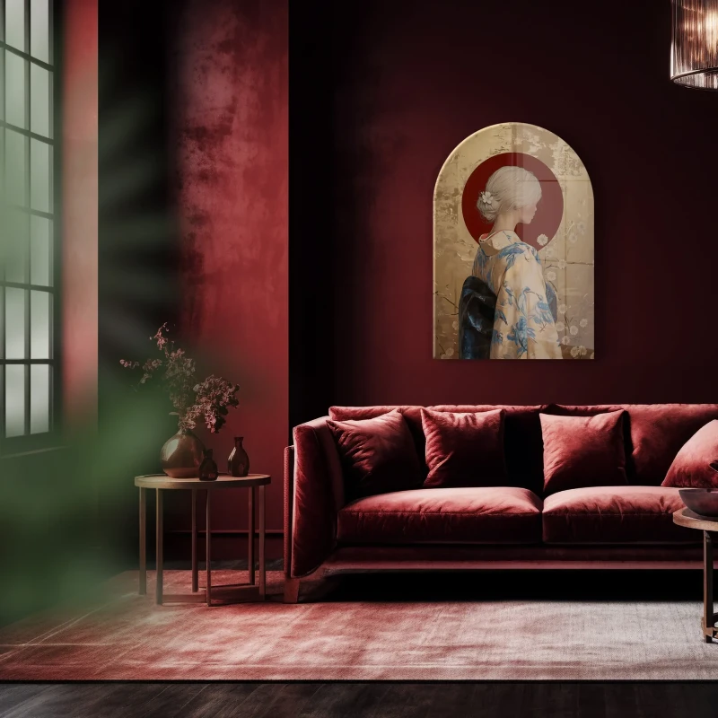 Arched glass wall art with female figure and red sun