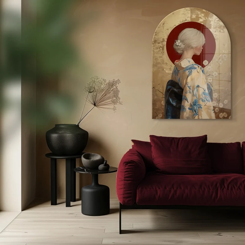 Rukia Arched glass wall art 70x100 cm with woman in kimono