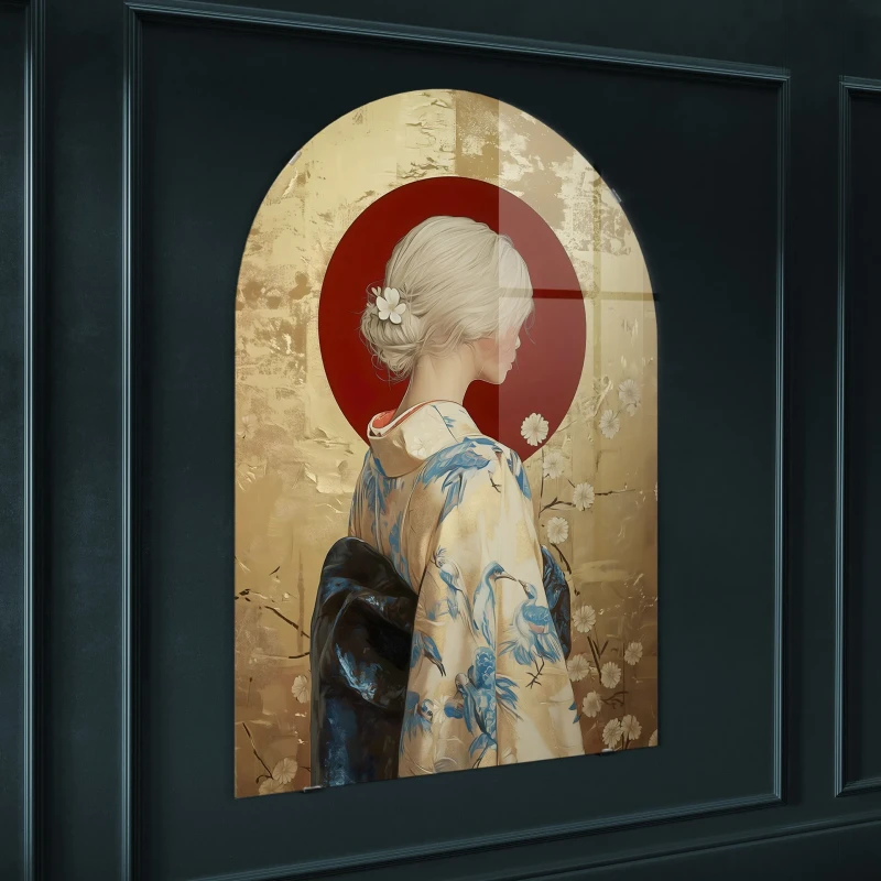 Rukia Arched glass wall art 70x100 cm with woman in kimono