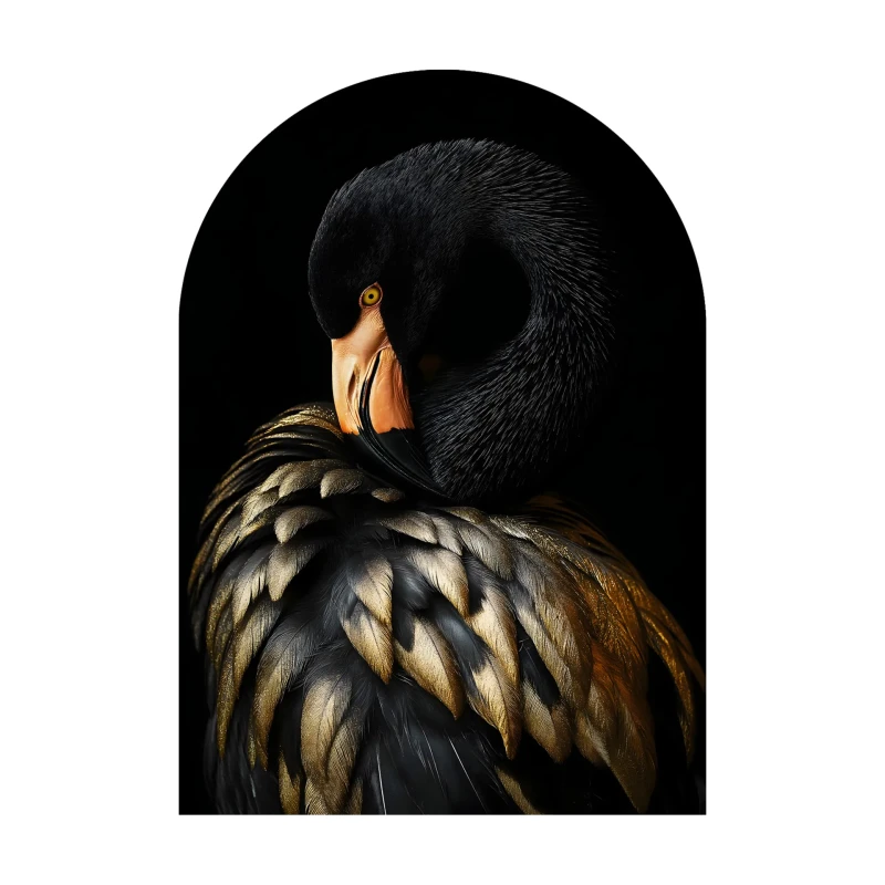 Black Flamingo glass wall art 70x100 cm with gold feather details