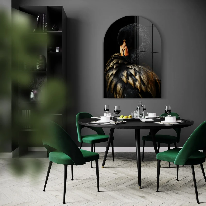 Black Flamingo glass wall art 70x100 cm with gold feather details