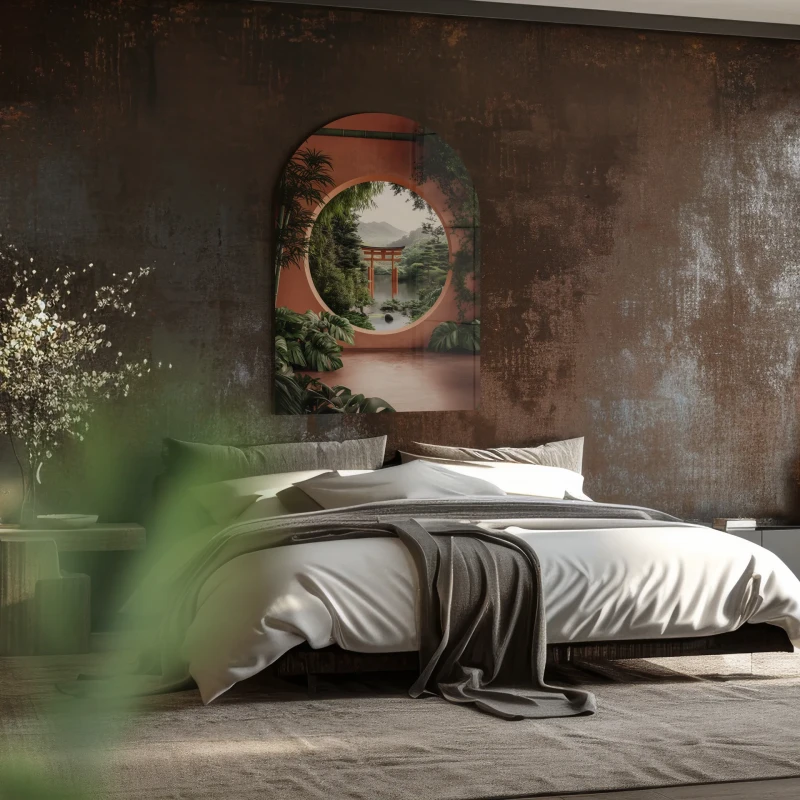 Karakura Arched glass wall art 70x100 cm with Japanese garden