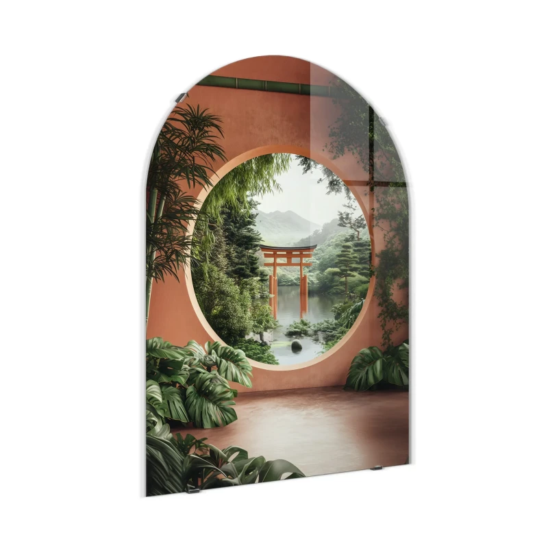 Arched glass wall art with torii gate and lake view