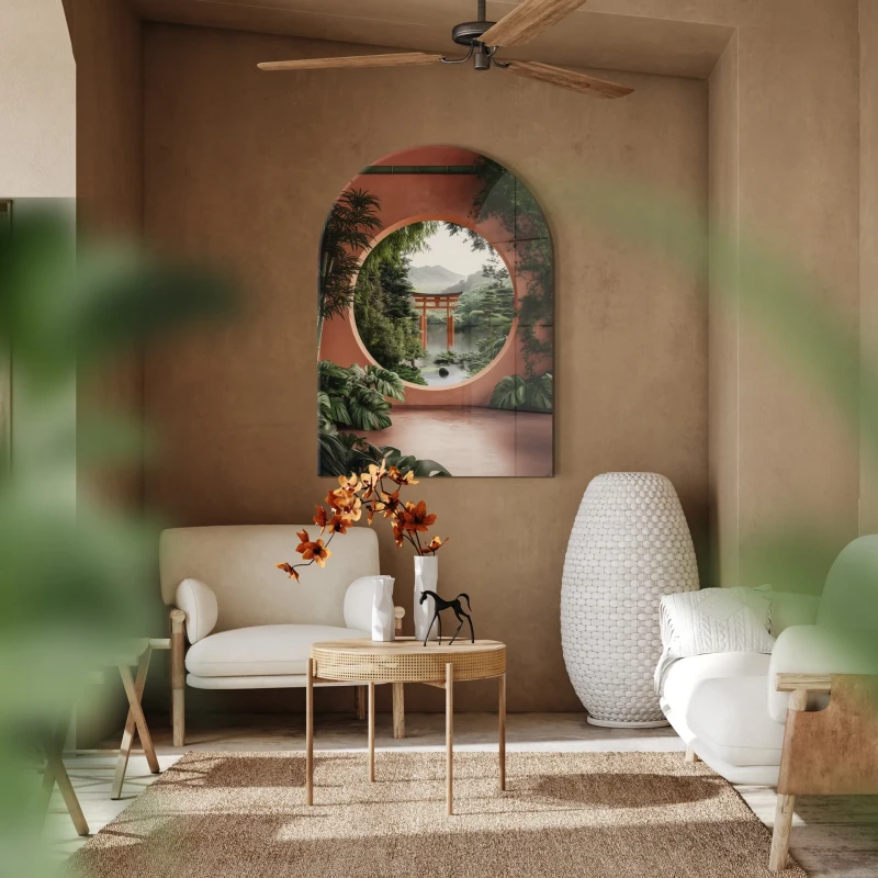 Arched glass wall art with torii gate and lake view