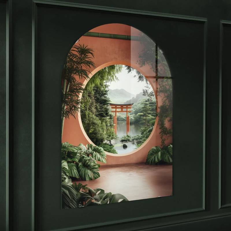 Arched glass wall art with torii gate and lake view