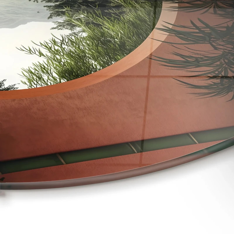 Arched glass wall art with torii gate and lake view