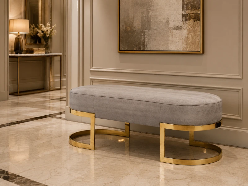 Belgrave grey upholstered bench with sculptural gold base