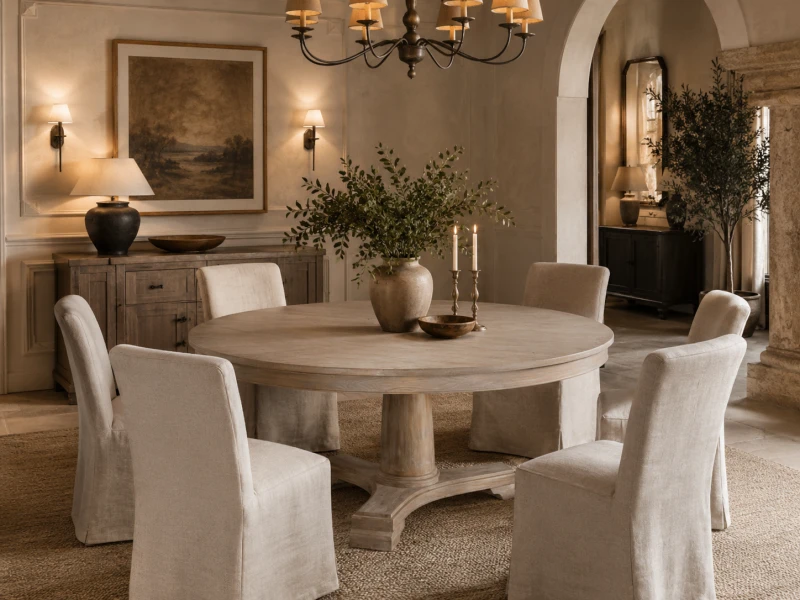 Round reclaimed pine dining table with pedestal base