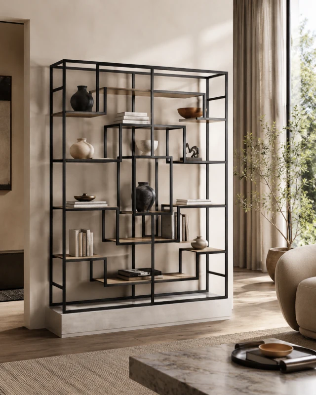 Light Oak Shelving Unit: 200 cm, Black Iron Frame, Multiple Internal Shelves.