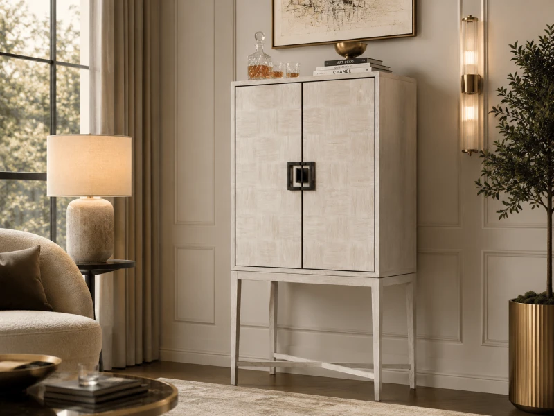 Light oak home bar cabinet with geometric dark handles