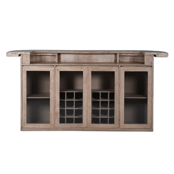 Large wooden home bar with a fluted curved front
