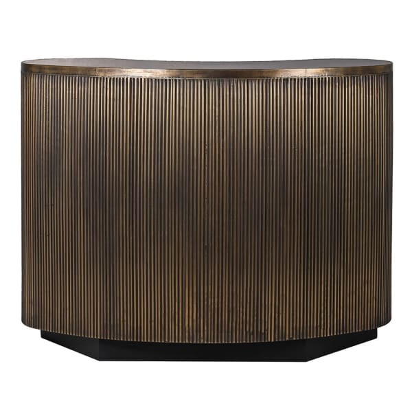 Curved home bar with an antique brass-effect finish