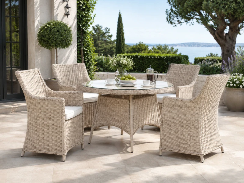 Four-seater garden furniture set with beige rattan armchairs