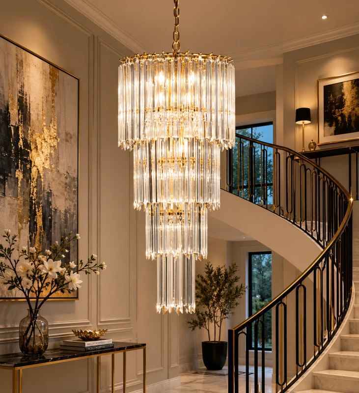 Gold chandelier with four tiers of clear glass panels