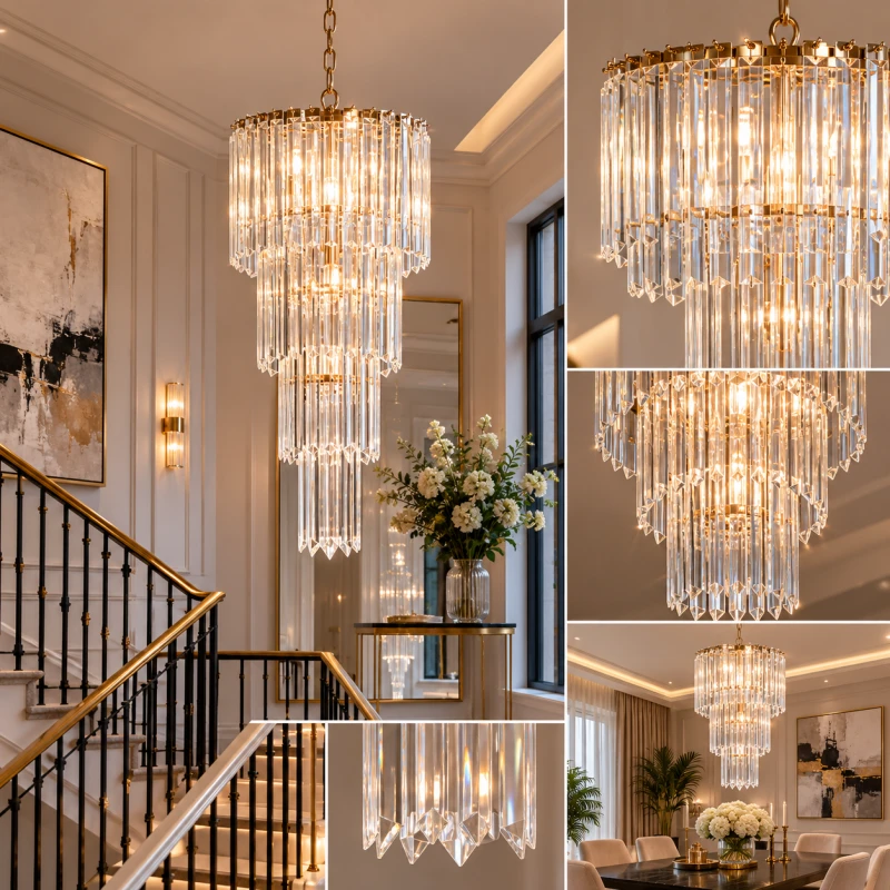 Gold chandelier with four tiers of clear glass panels