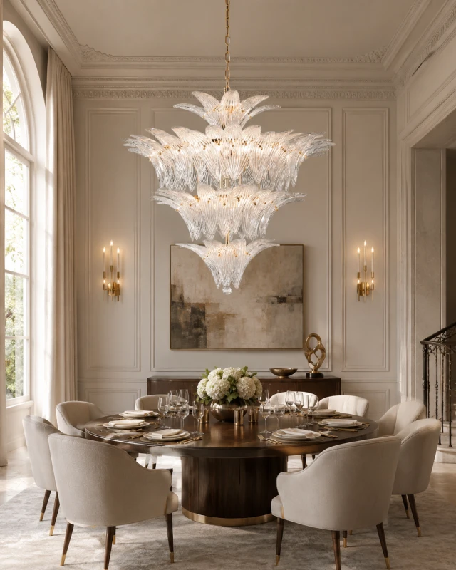 Belgrave Grand 95 cm glass chandelier with gold details and textured glass leaves - visualization