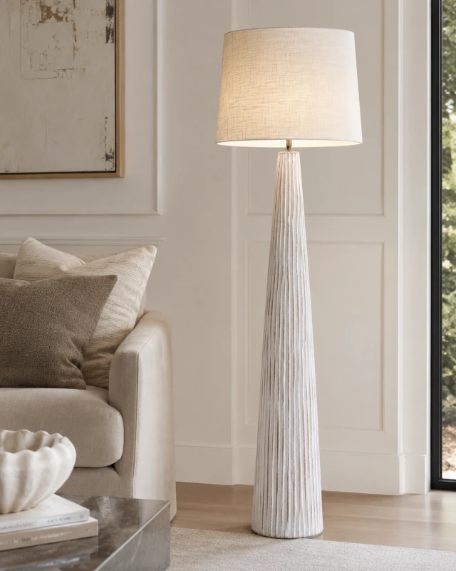 White Classic Wood Effect Floor Lamp 156 cm polyresin linen shade