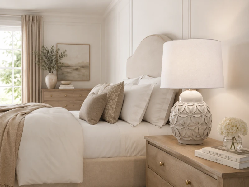 Beige ceramic bedside table lamp with embossed floral pattern