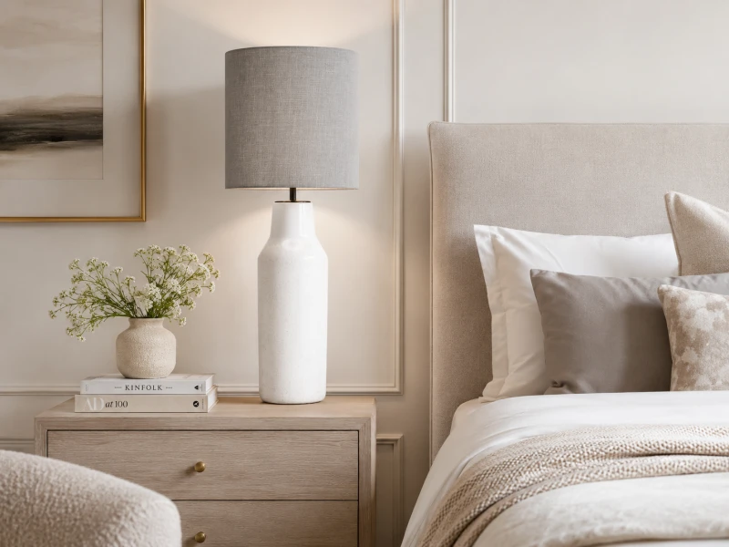 Simple white ceramic table lamp 75 cm with grey linen shade
