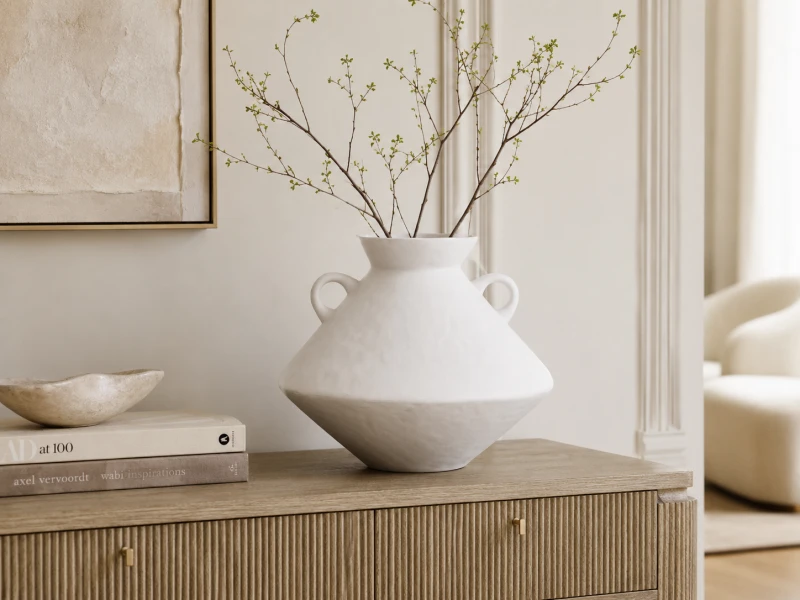 White stoneware vase 31 cm with decorative handles