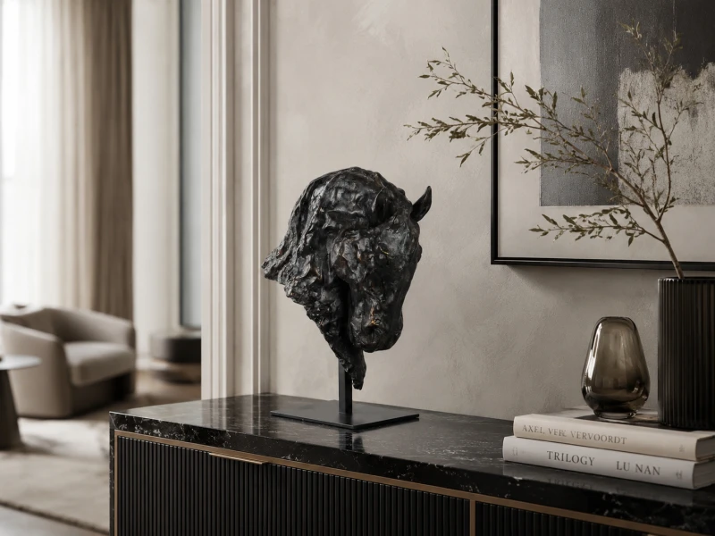 Black horse head sculpture on geometric base 40 cm