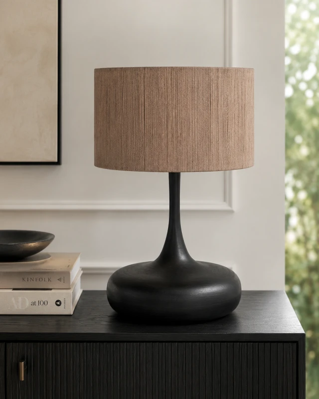 Black mango wood table lamp with natural jute shade