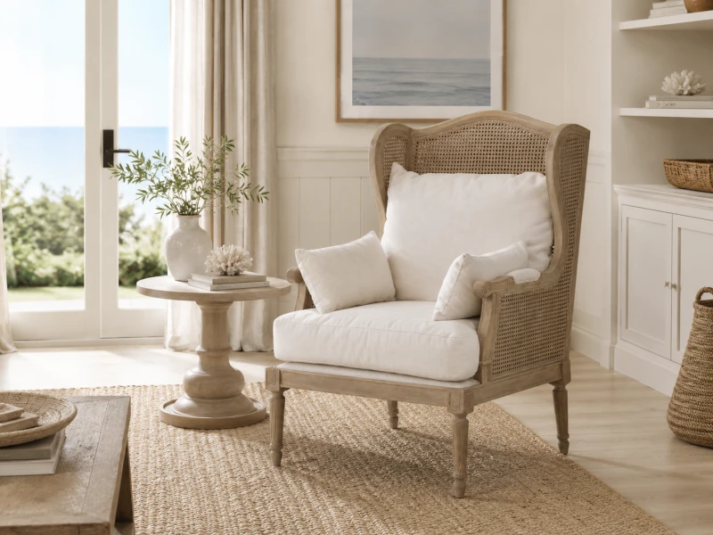 Manila oak armchair with white linen and cotton cushions