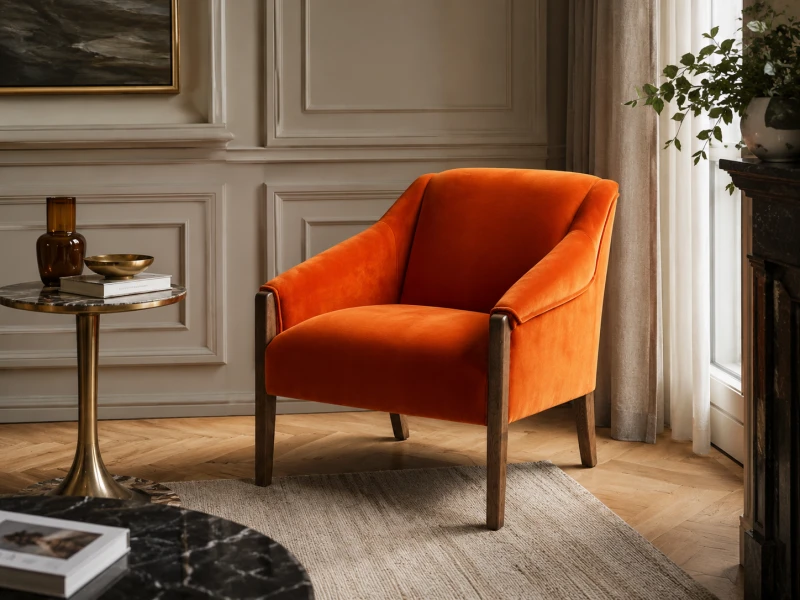 Designer pumpkin armchair with natural wooden frame