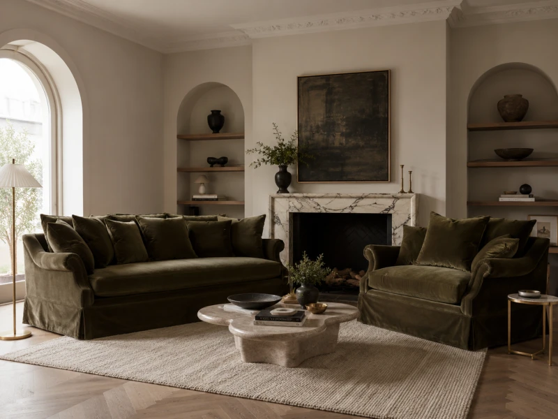 Large green velvet armchair with comfortable cushions