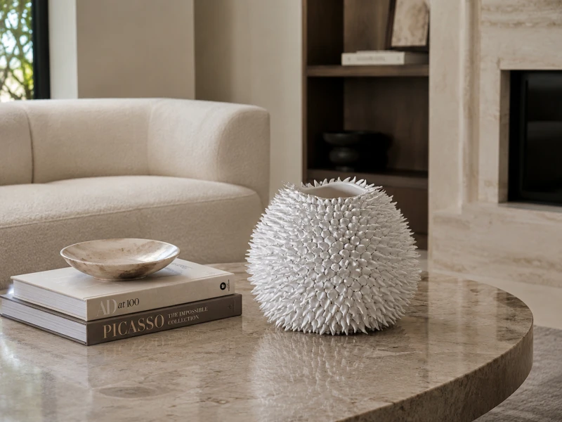 White ceramic vase with sculptural detailing