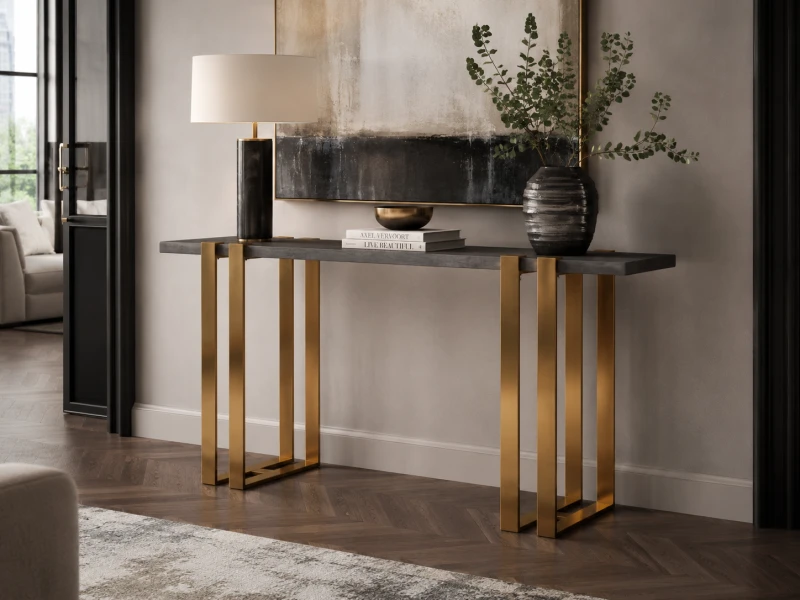 Luxury console table with dark grey concrete top and gold frame