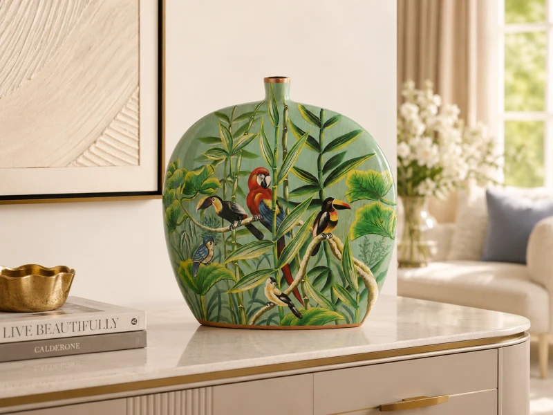Green ceramic vase with hand-painted exotic birds