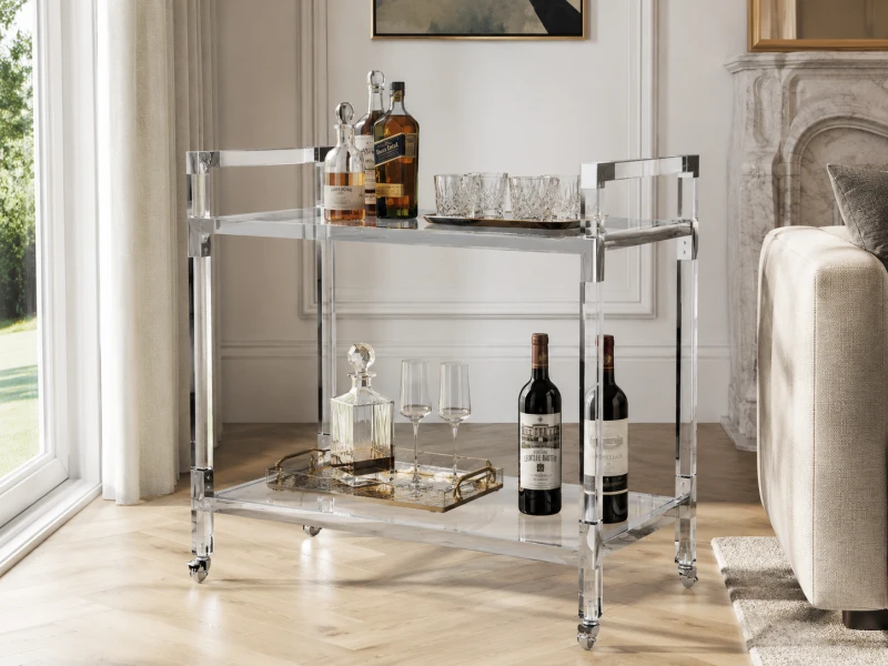 Linton silver drinks trolley with glass shelves and acrylic detail