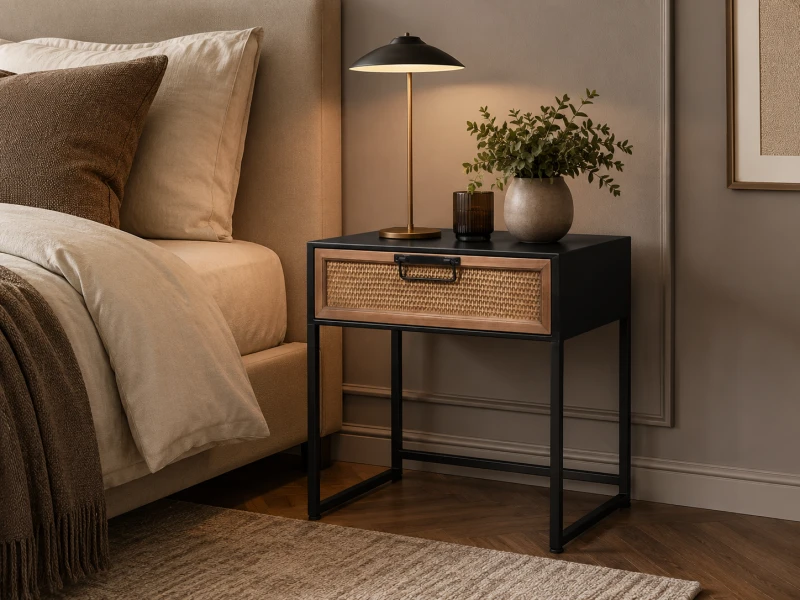 Taba Black Metal Bedside Table with Rattan Drawer 50 cm