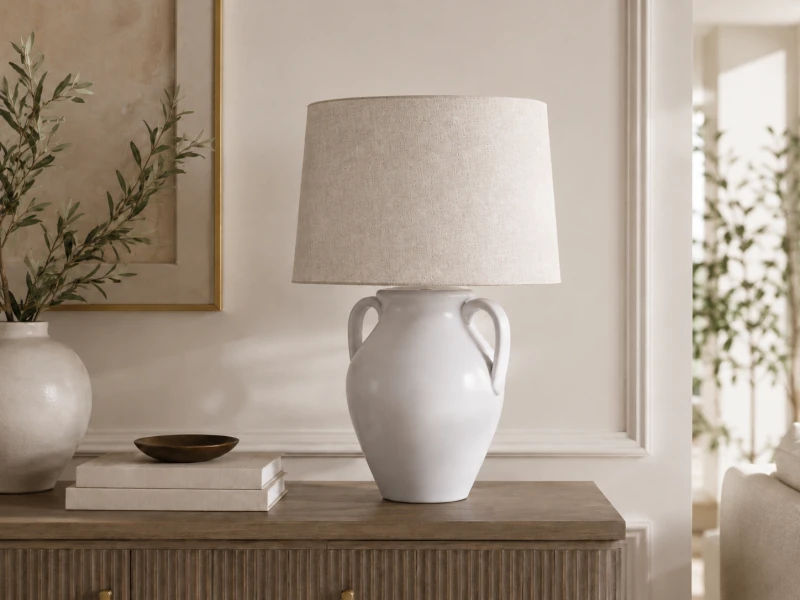 White ceramic table lamp 65 cm with beige linen shade