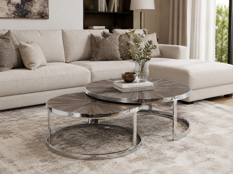 Manchester Set of 2 Coffee Tables – 100 cm &amp; 80 cm, Reclaimed Walnut Wood, Stainless Steel Frame
