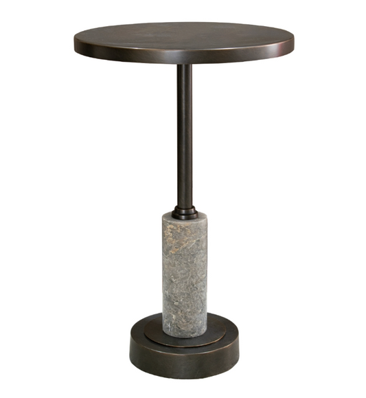 Erdre Bronze Side Table with dark bronze metal top and base and grey alabaster centrepiece