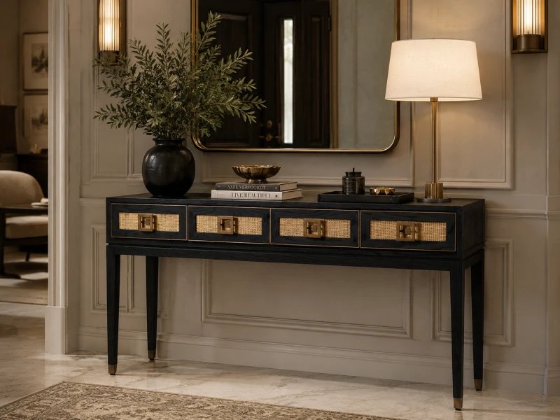 Zelten Black Console Table with 4 Drawers 160x91 cm black oak and rattan details
