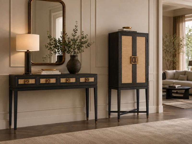 Black rattan bar cabinet for a luxury living room or dining room