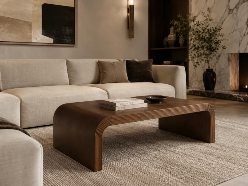 Wooden coffee table with curved waterfall edges in brown oak finish