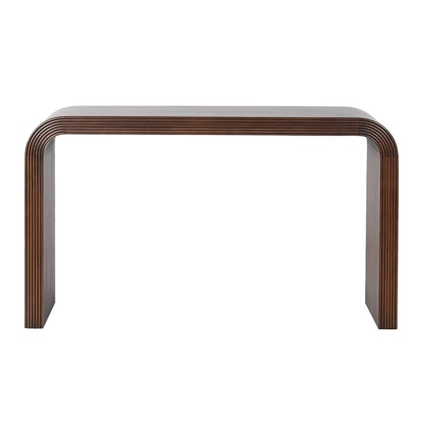Wooden console table with curved waterfall edges in brown oak finish