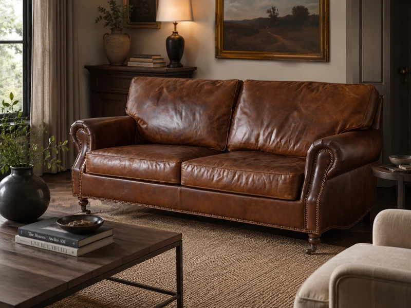 Vintage Brown III Leather Sofa 205 cm vintage style natural brown leather