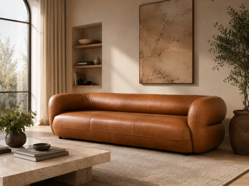 Brown curved sofa with rounded arms and low back