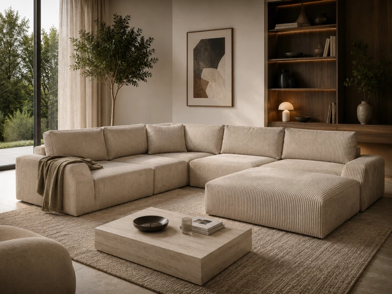 Corner modular sofa in beige corduroy velvet comprising five elements
