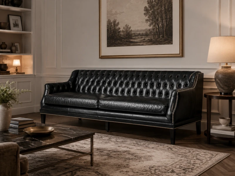 Boscobel Black Leather Sofa 215 cm silver details three seater sofa